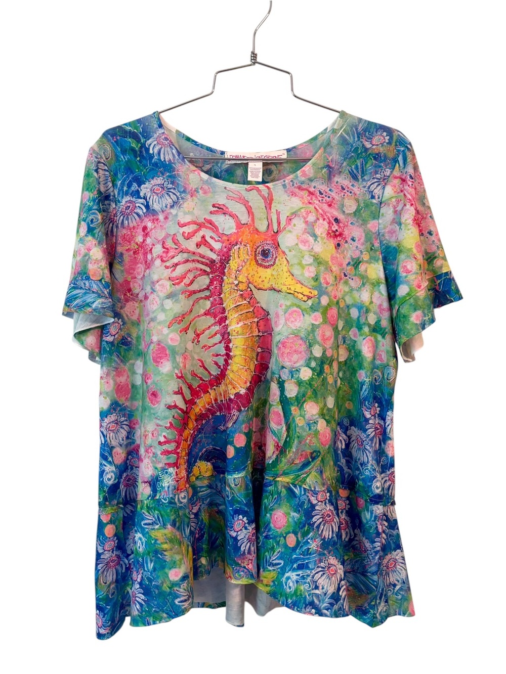 Leoma Lovegrove Seahorse Print Colorful Short Sleeve Slight Peplum Tee Size L